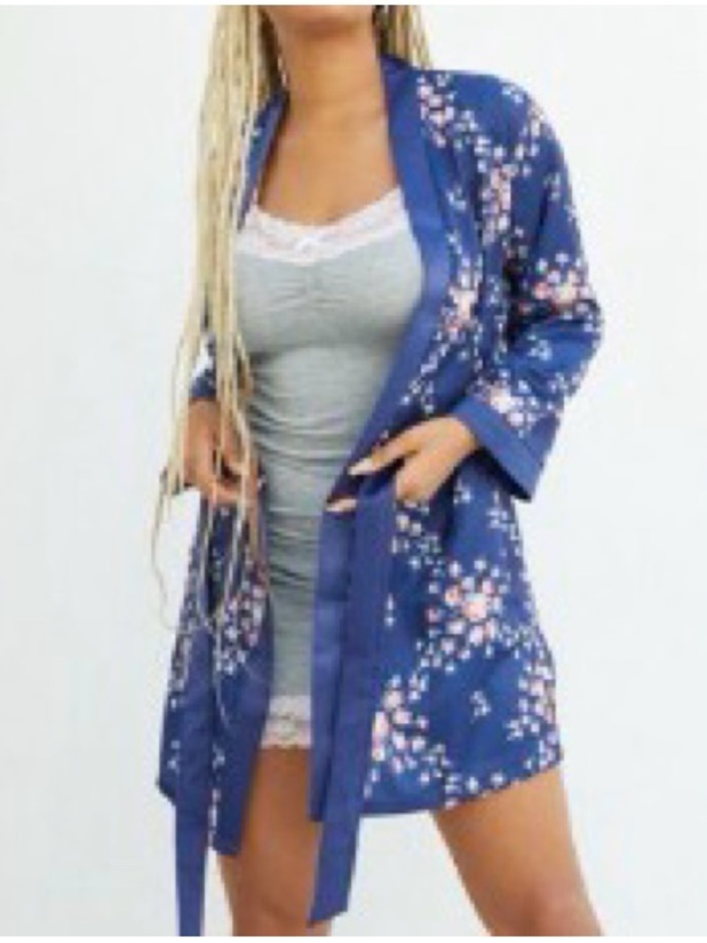 NEW Morgan Lane Blue Floral Satin Short Robe Size S/M